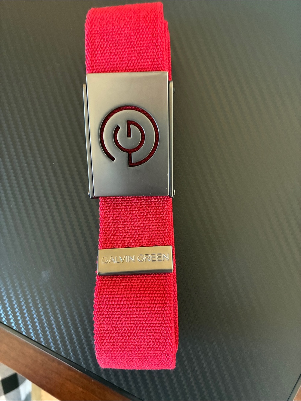 Galvin Green Red Elastic Belt with Gunmetal Logo Buckle